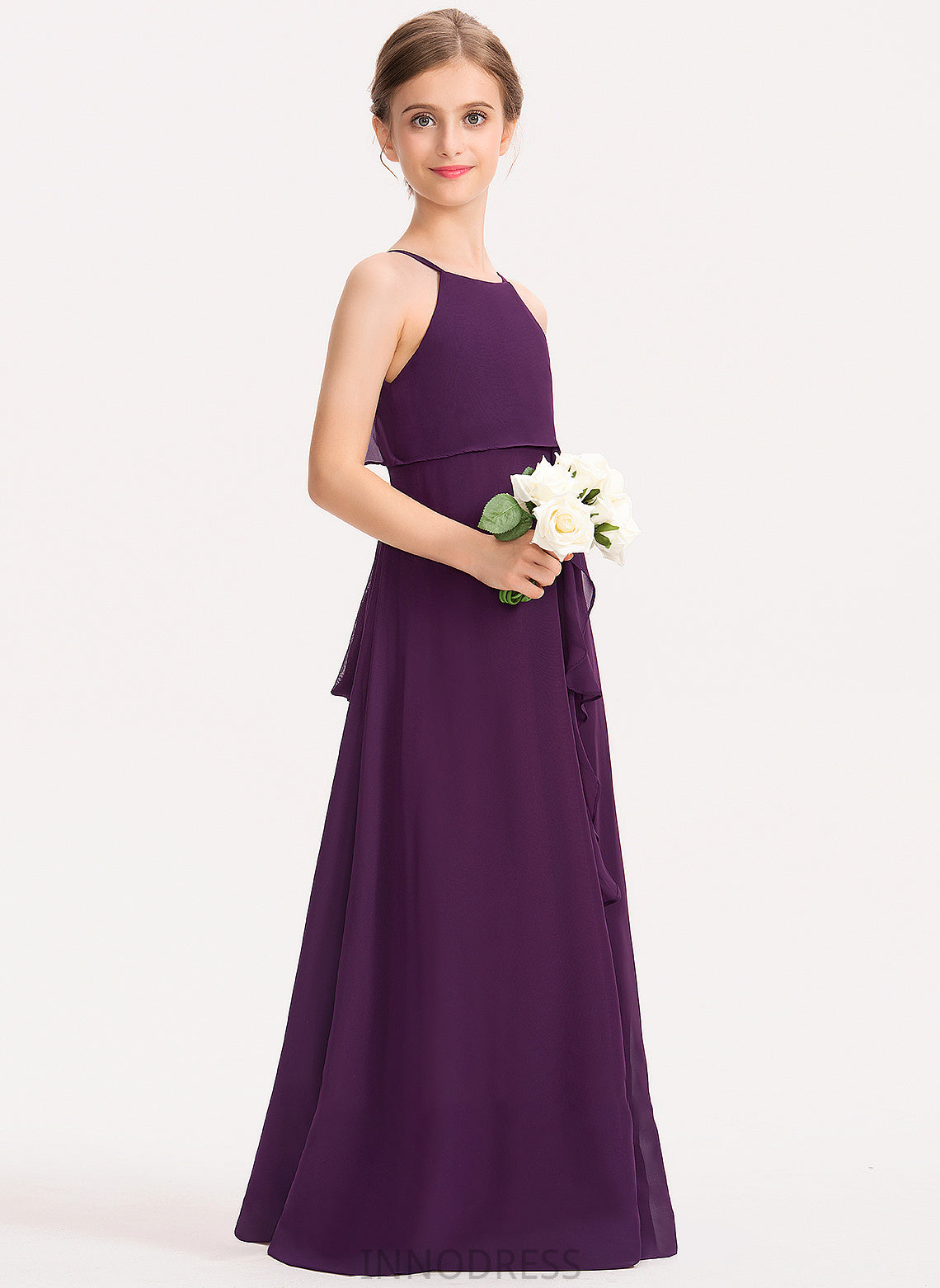 Scoop Bow(s) Floor-Length With Chiffon Elsa Cascading Junior Bridesmaid Dresses Neck Ruffles A-Line