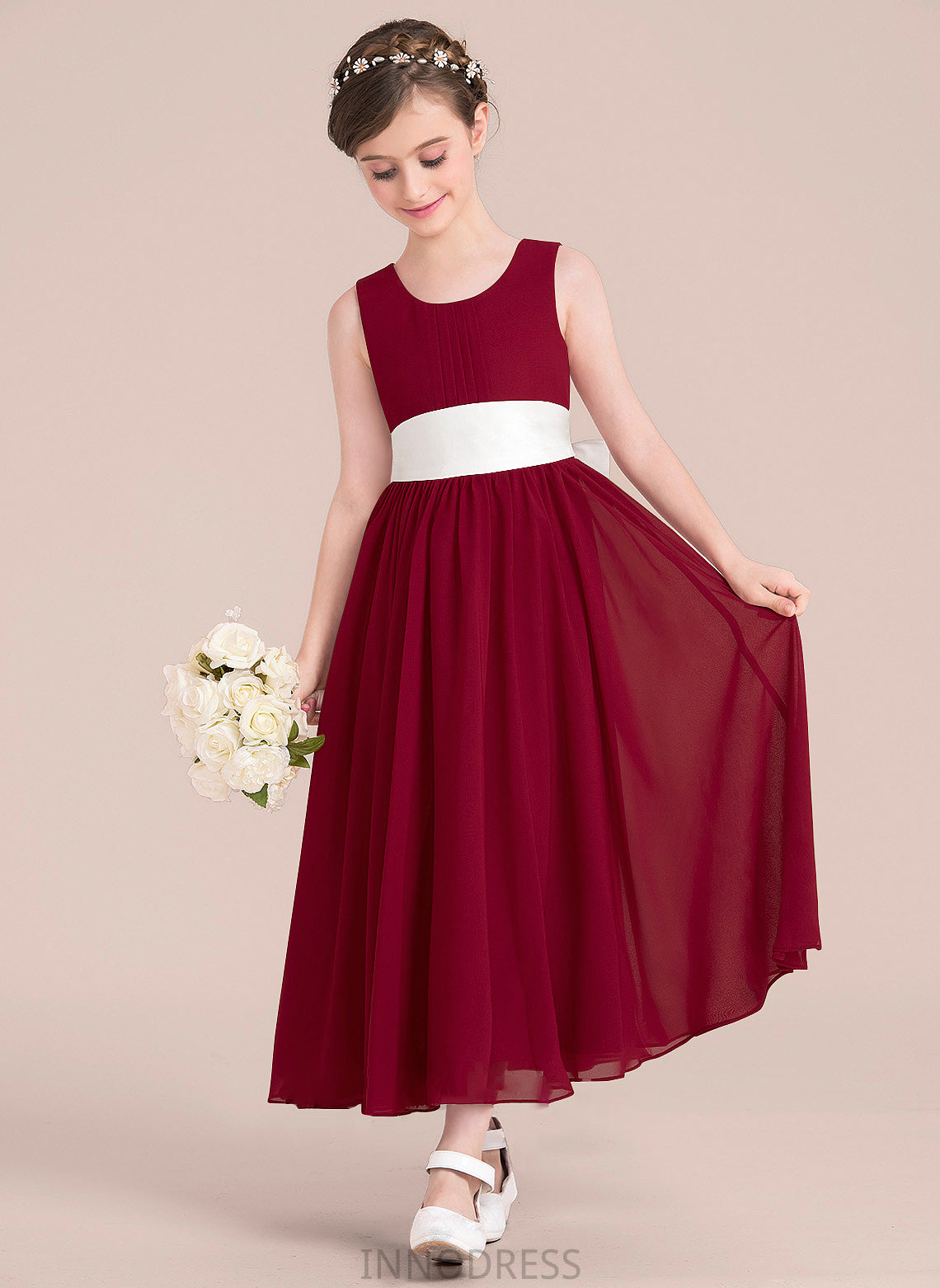 Scoop Neck Bow(s) Empire Chiffon Junior Bridesmaid Dresses With Ankle-Length Kamari Sash A-Line