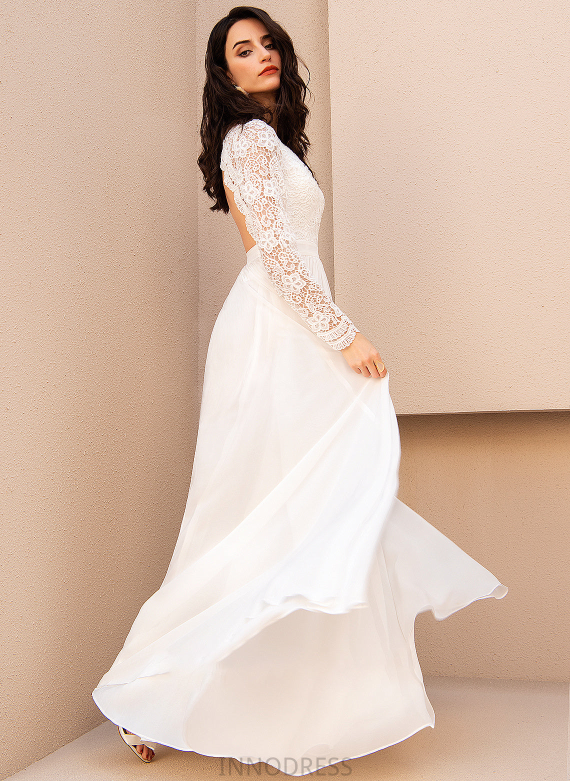 Wedding Floor-Length Dress Wedding Dresses With A-Line Aaliyah Lace V-neck Chiffon