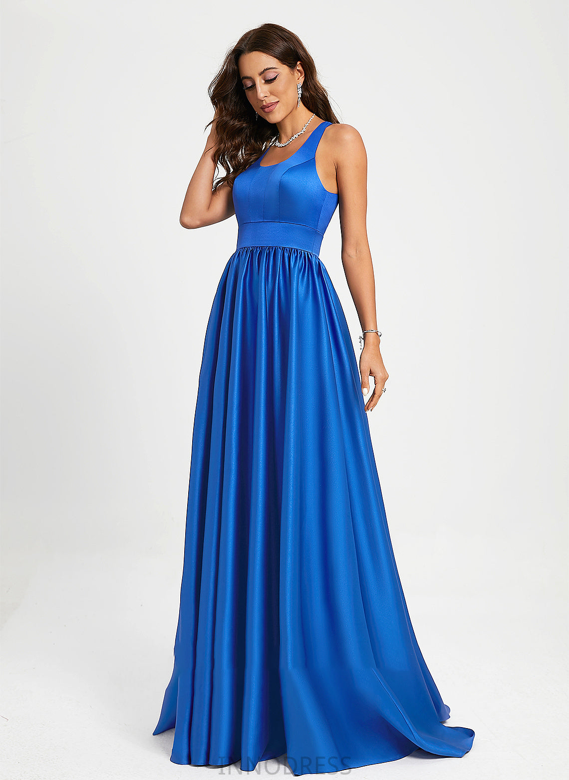 Scoop Satin Krista Neck Sweep Train A-Line Prom Dresses