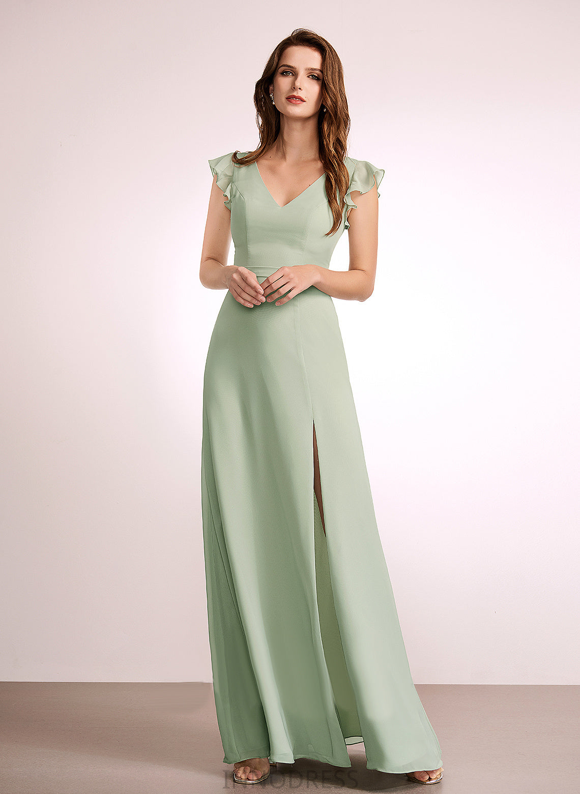 Silhouette Embellishment SplitFront Neckline V-neck Length Fabric Floor-Length A-Line Aylin Natural Waist V-Neck Bridesmaid Dresses