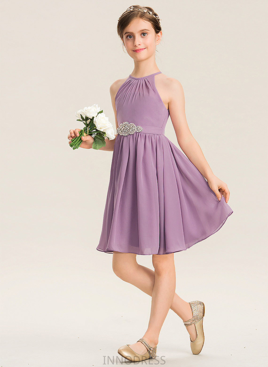 Scoop Annika A-Line Ruffle Neck Beading Junior Bridesmaid Dresses With Chiffon Knee-Length