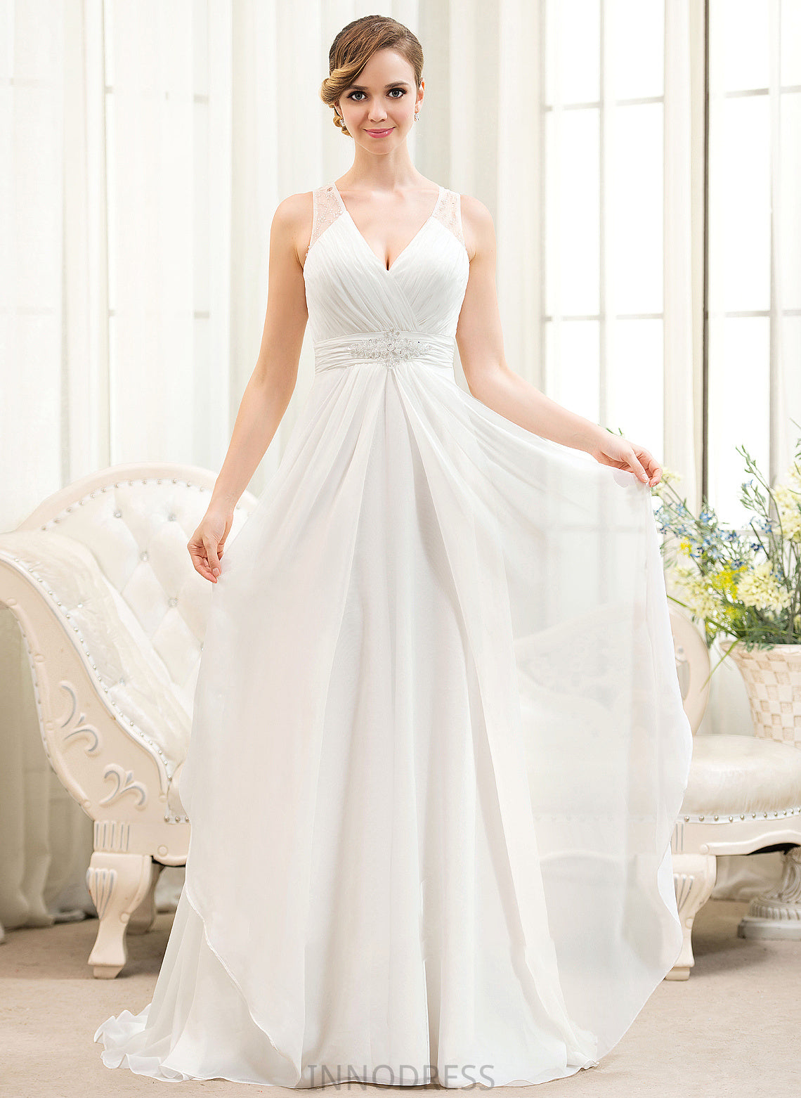 Sweep Chiffon Beading V-neck Wedding Dresses Train Cascading A-Line With Ruffles Dress Wedding Sequins Azul