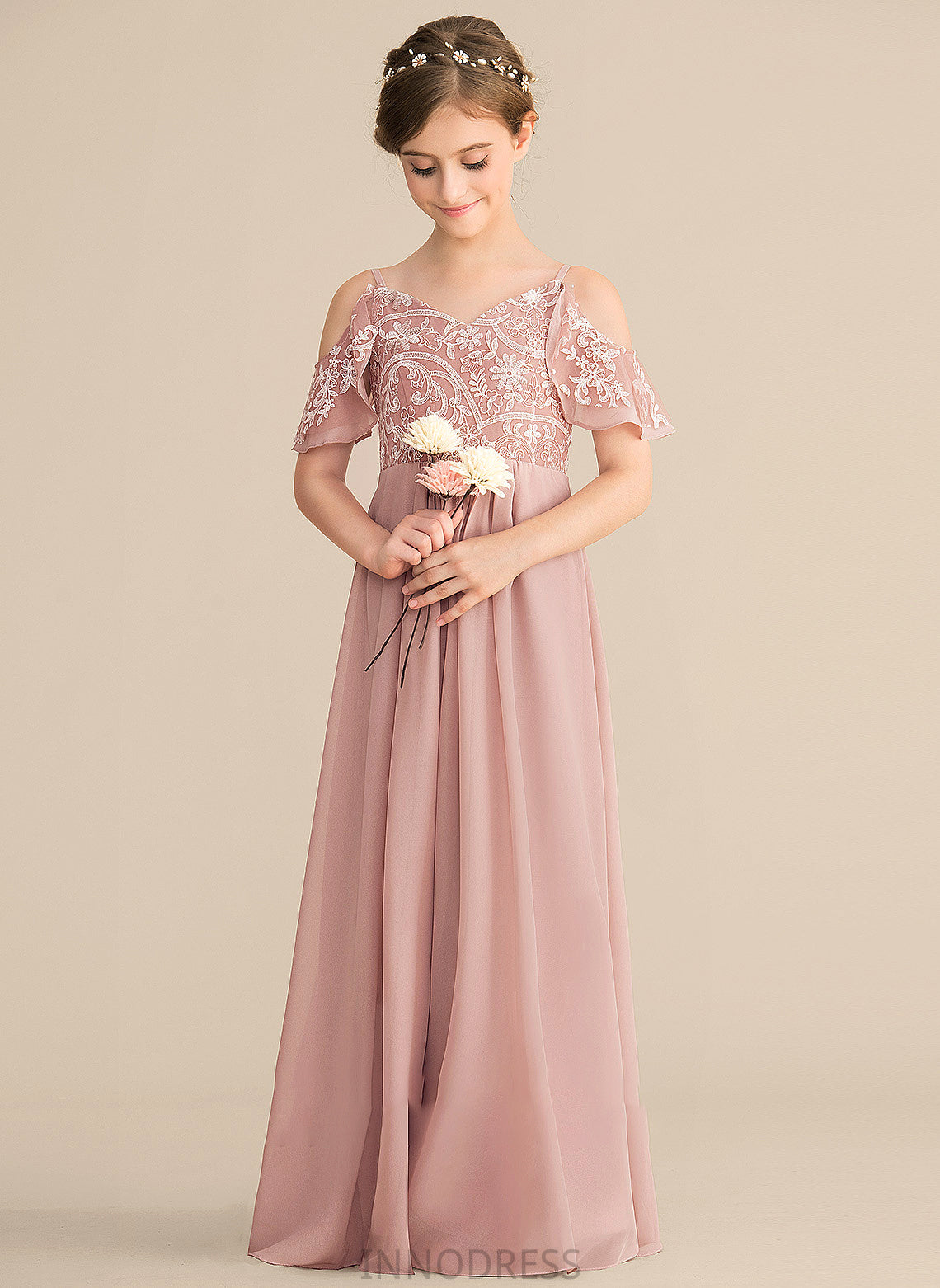 Jaden Floor-Length Lace Junior Bridesmaid Dresses V-neck Chiffon A-Line