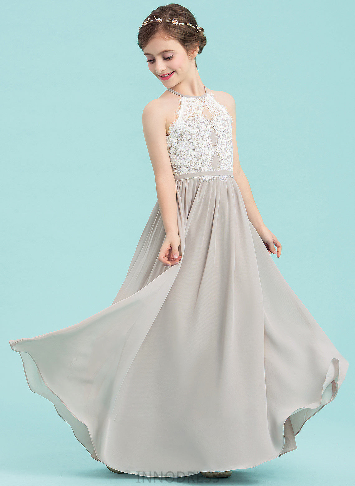 Scoop Floor-Length Neck Junior Bridesmaid Dresses Harley A-Line Chiffon