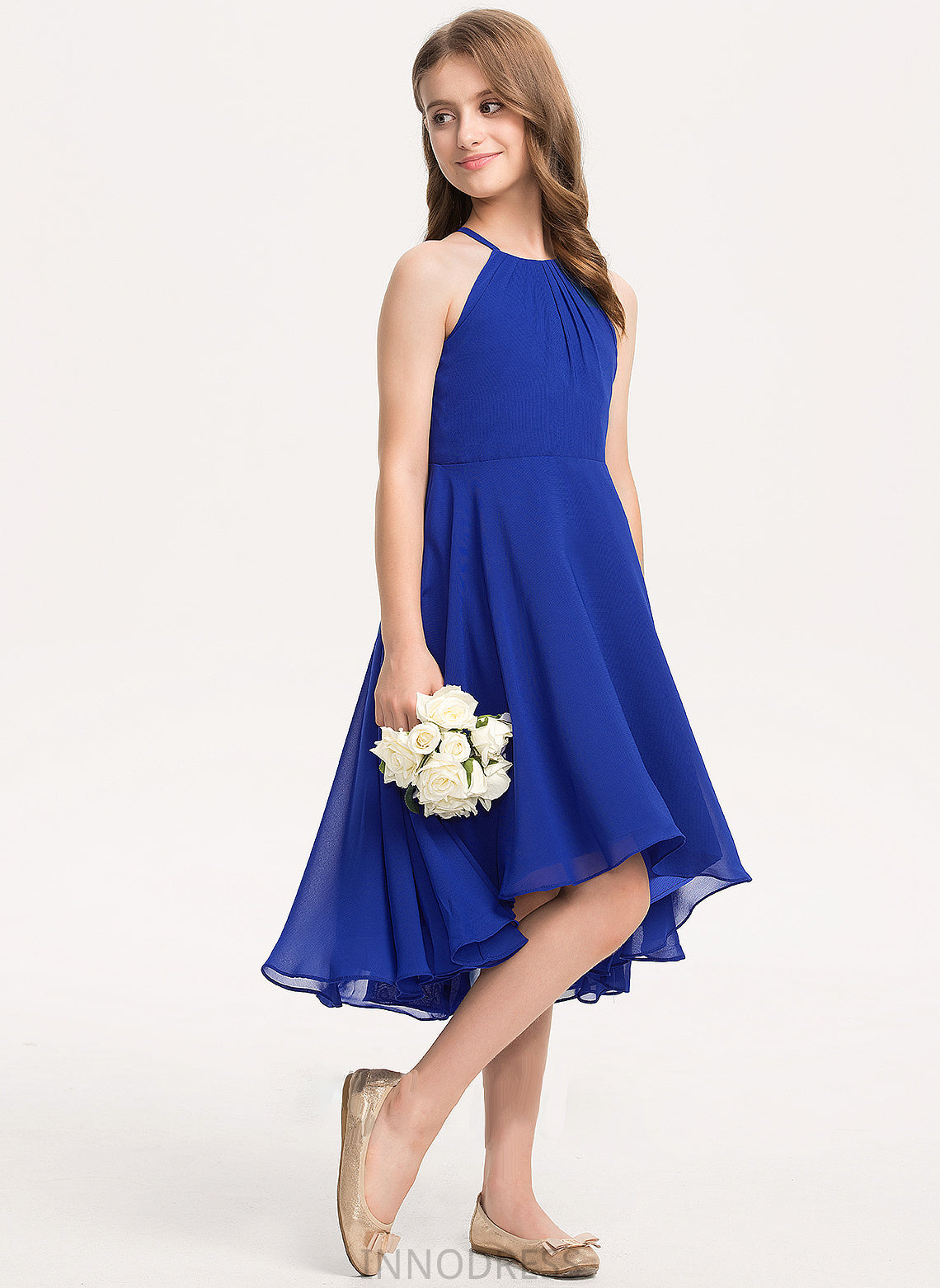 Marisa With Neck Ruffle Chiffon Junior Bridesmaid Dresses A-Line Asymmetrical Scoop