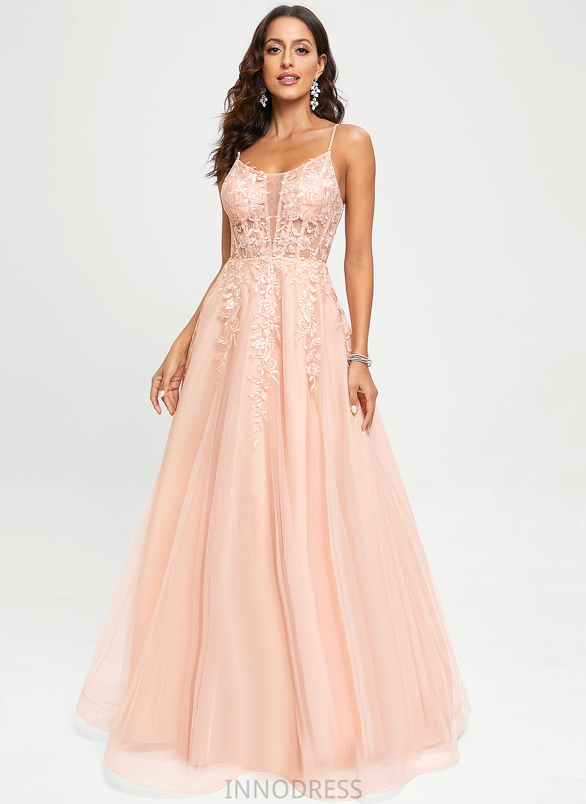 Marcia Tulle Sequins A-Line Scoop With Prom Dresses Floor-Length Lace