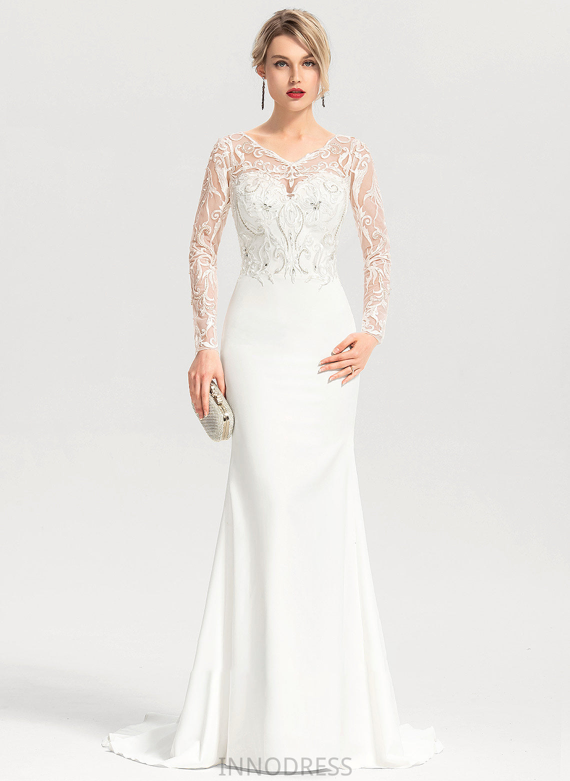 Train Dress Sweep V-neck Eliza Crepe Sequins Wedding Beading With Stretch Trumpet/Mermaid Wedding Dresses