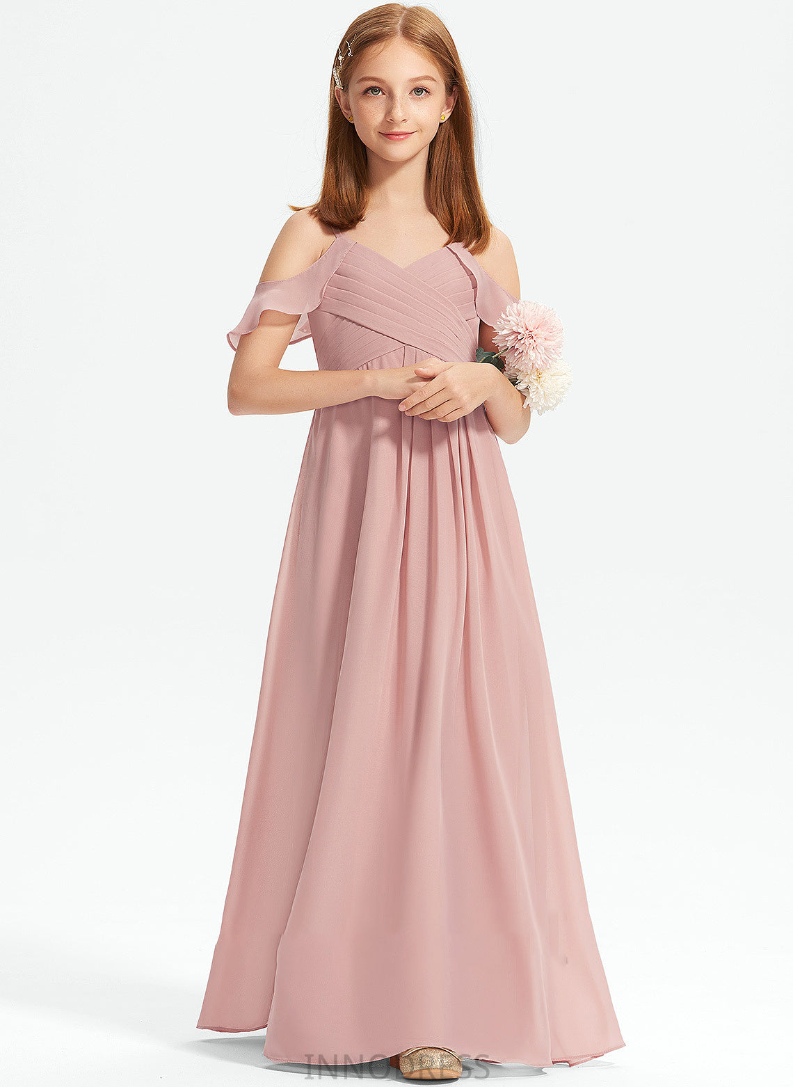 Off-the-Shoulder With Ryan Floor-Length Chiffon Junior Bridesmaid Dresses A-Line Ruffles Cascading