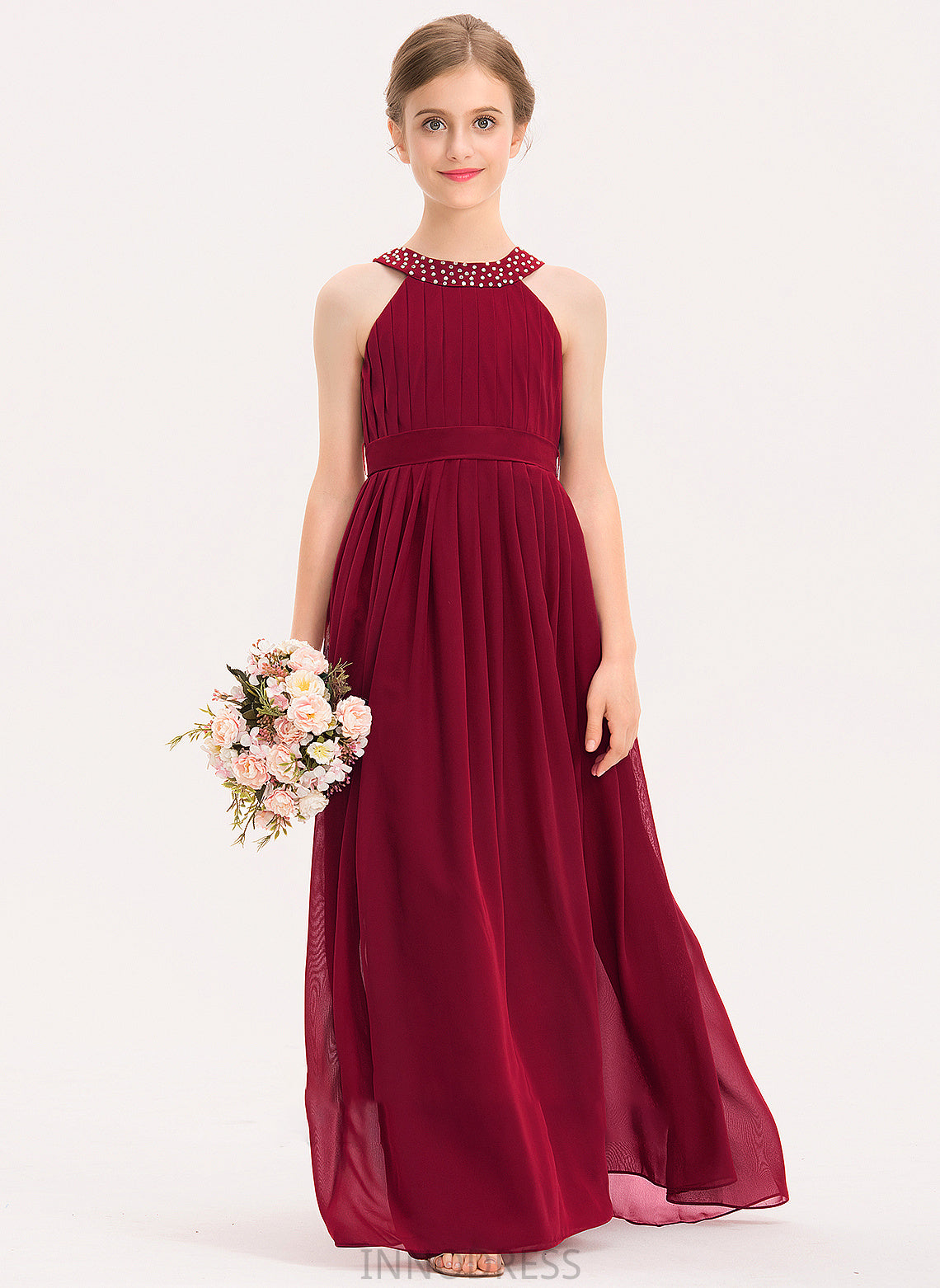 Scoop Beading Ruffle Paris Bow(s) With A-Line Neck Chiffon Junior Bridesmaid Dresses Floor-Length