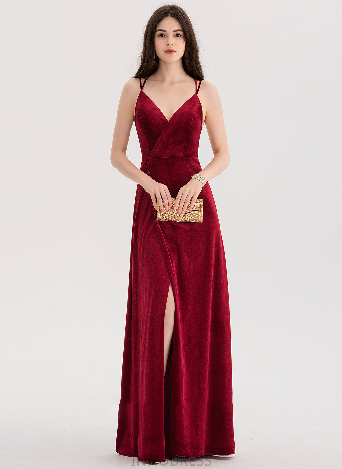 Split V-neck Halle A-Line Velvet Front Floor-Length Prom Dresses With