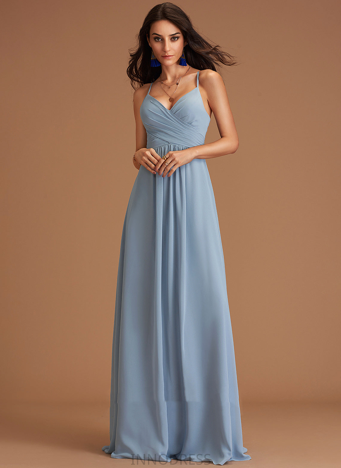 A-Line V-neck Floor-Length Silhouette Fabric Ruffle Length Neckline Embellishment Sibyl Floor Length Natural Waist Bridesmaid Dresses