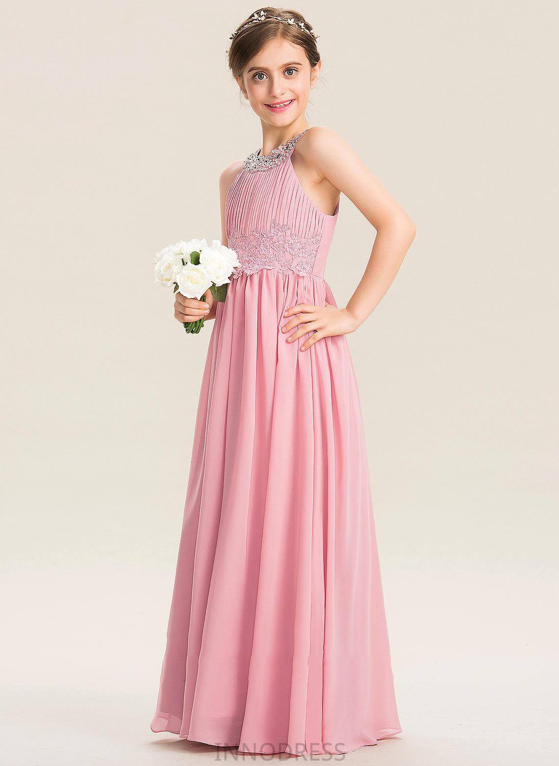 Mallory Neck Sequins Beading Lace Scoop Ruffle With Chiffon Junior Bridesmaid Dresses A-Line Floor-Length