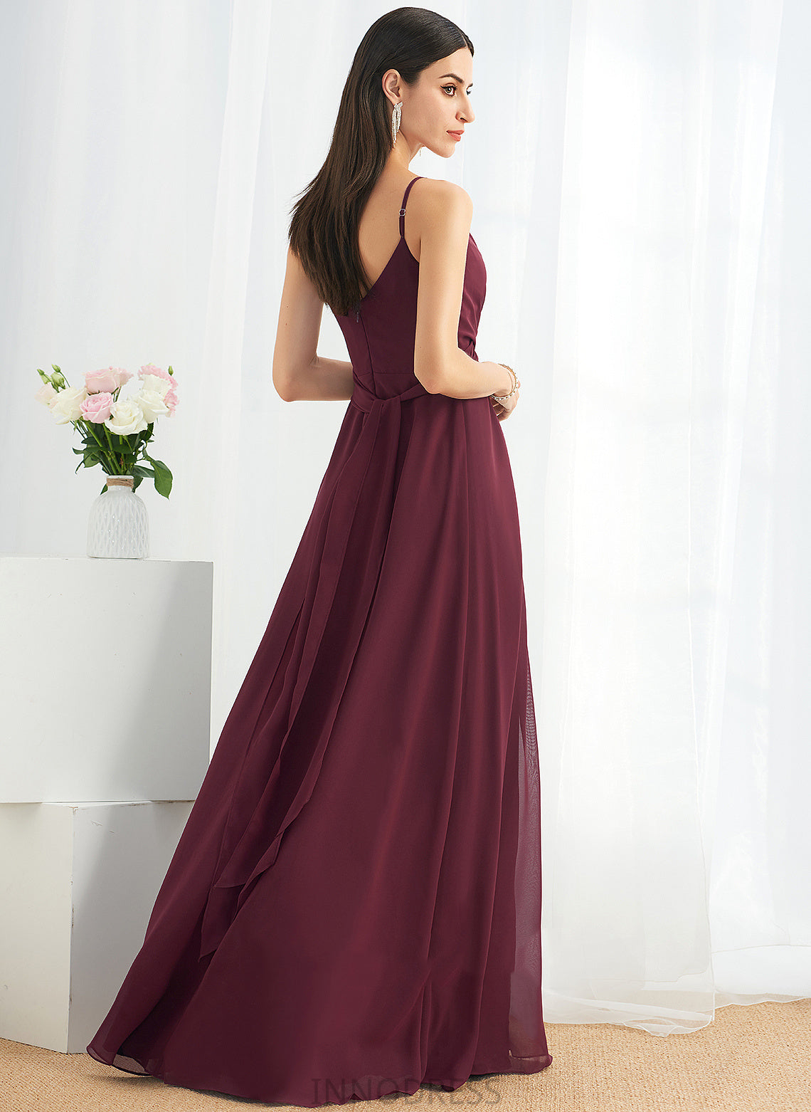 Ruffle V-neck SplitFront Length Fabric Floor-Length Embellishment A-Line Neckline Silhouette Kelly Natural Waist Bridesmaid Dresses