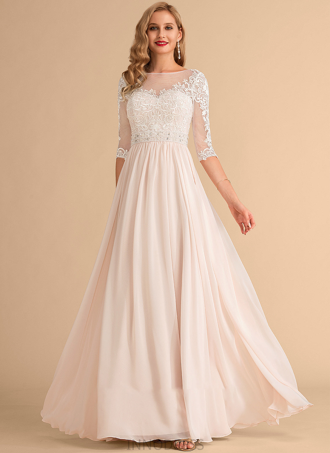 Sequins Dress Beading Illusion Jaslene Chiffon A-Line Wedding Floor-Length With Lace Wedding Dresses