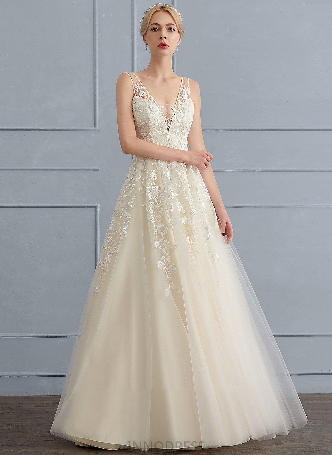 V-neck Floor-Length Wedding Dresses Ariella Sequins Beading A-Line With Wedding Tulle Dress