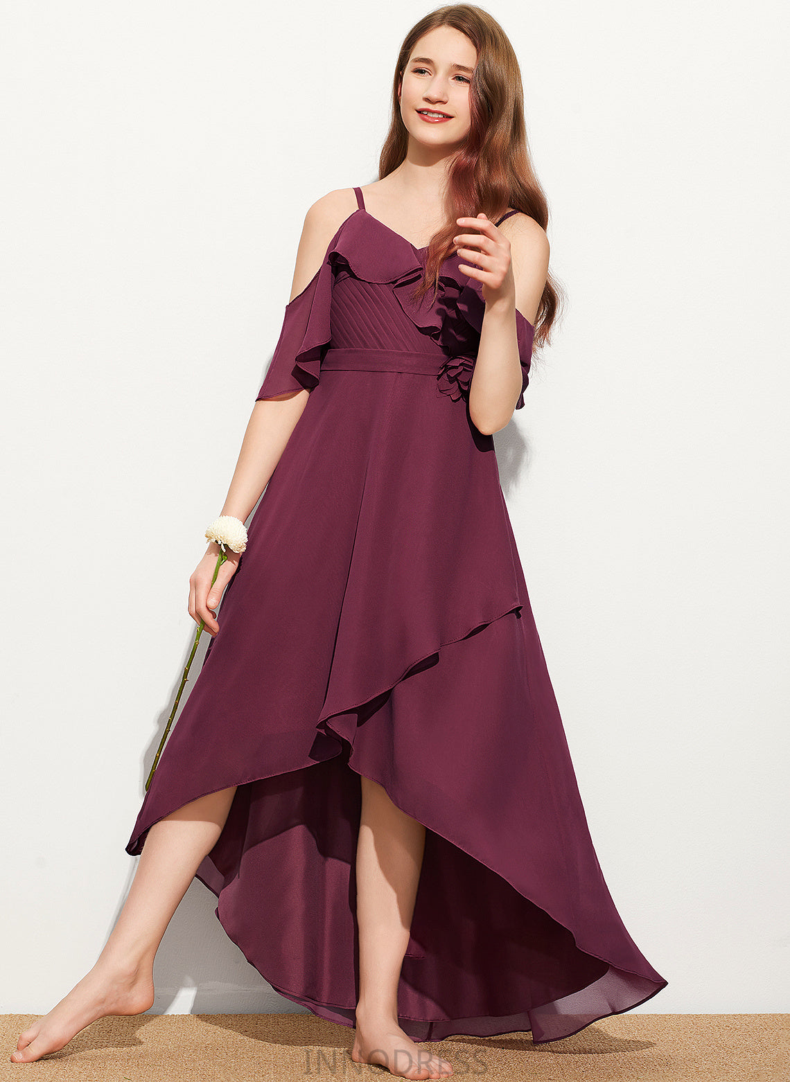 Asymmetrical Junior Bridesmaid Dresses Off-the-Shoulder With A-Line Ruffles Chiffon Jazlene Cascading