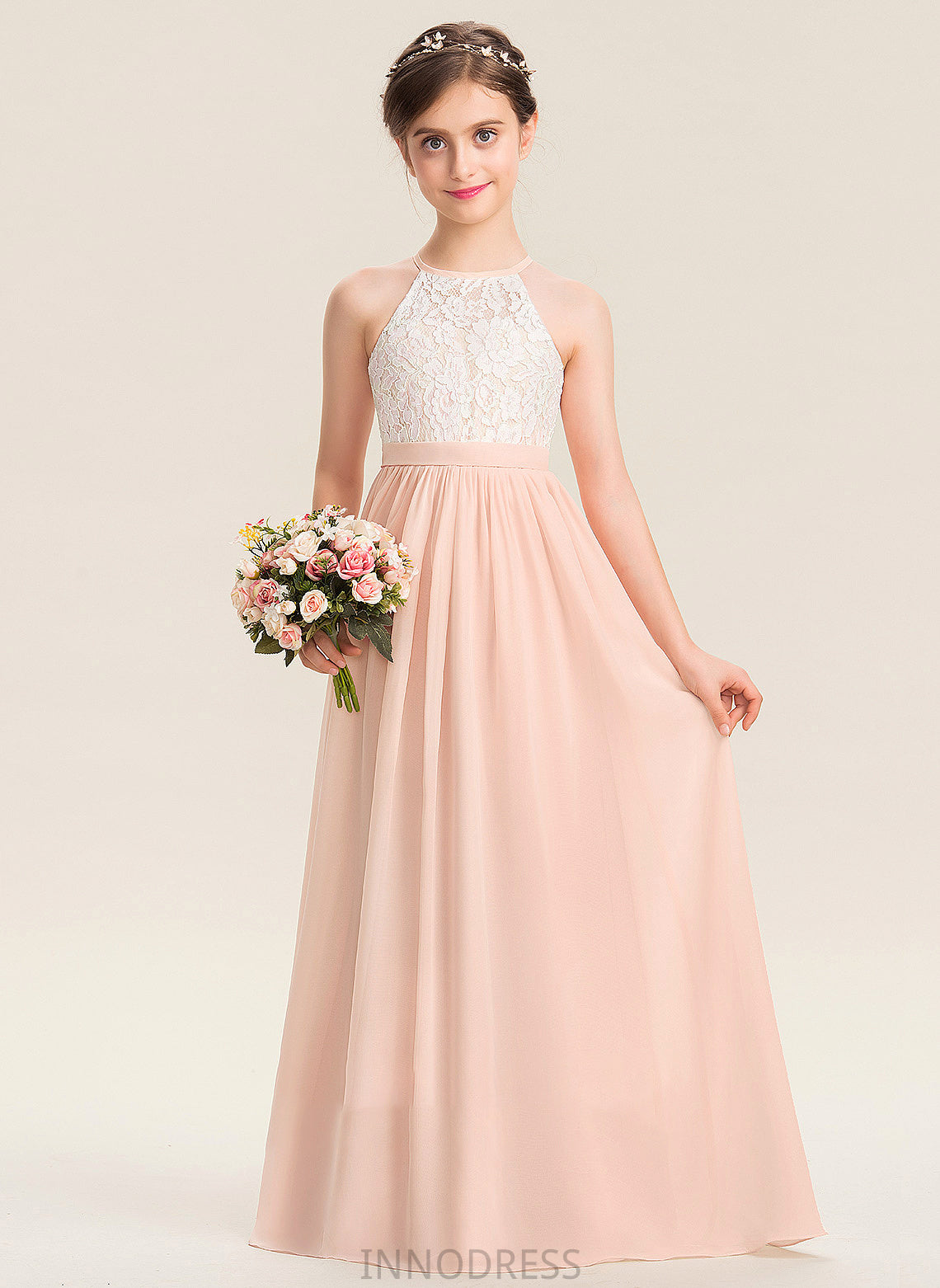 Scoop Floor-Length Neck Chiffon Lace Eve Junior Bridesmaid Dresses A-Line