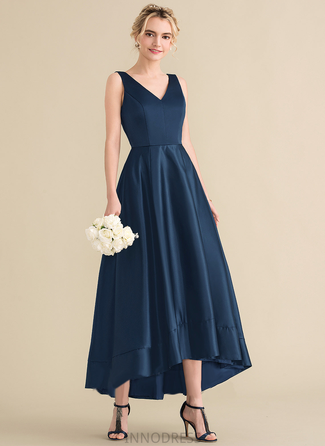 With Pockets Ball-Gown/Princess V-neck Satin Prom Dresses Cecelia Asymmetrical