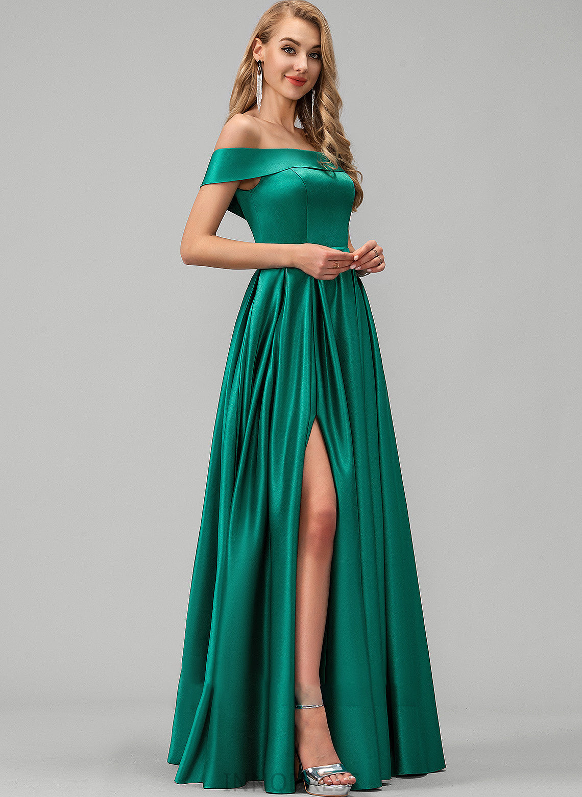 Floor-Length Satin Pockets Split Front Off-the-Shoulder With Ashleigh Ball-Gown/Princess Prom Dresses