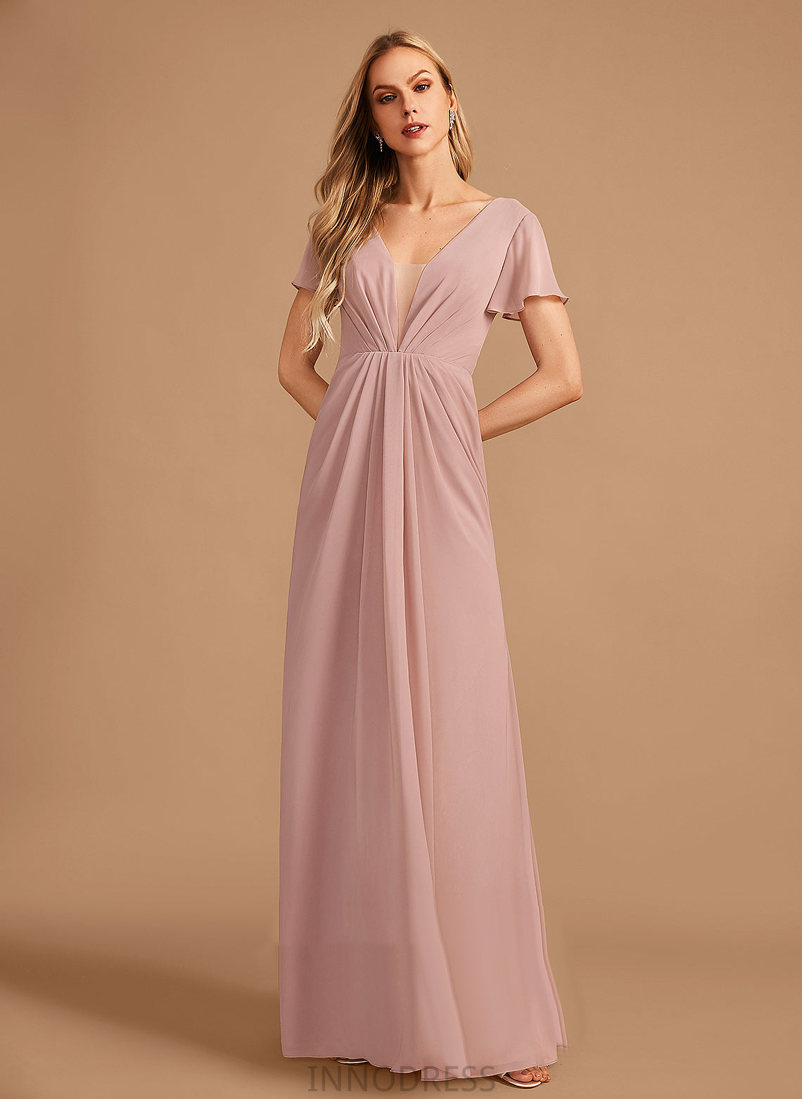 Fabric Floor-Length A-Line Length Ruffle Embellishment V-neck Silhouette Neckline Millie One Shoulder Sleeveless Bridesmaid Dresses