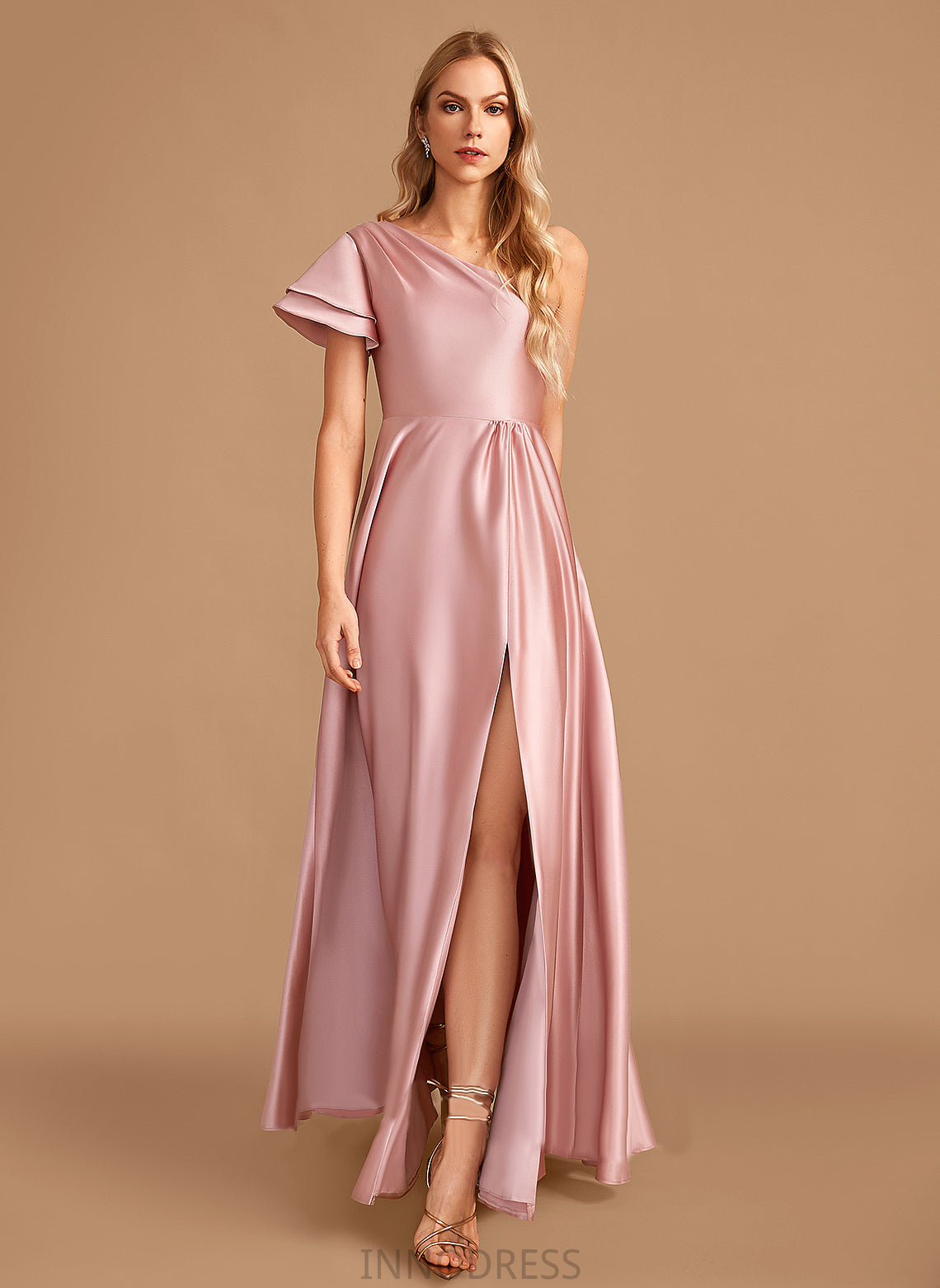 One-Shoulder Embellishment Fabric Neckline Silhouette A-Line Floor-Length Length SplitFront Elaine Natural Waist V-Neck Bridesmaid Dresses