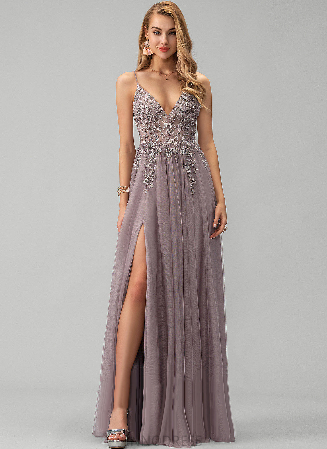 Tulle Beading V-neck Lace Prom Dresses Sequins Floor-Length With Alison A-Line