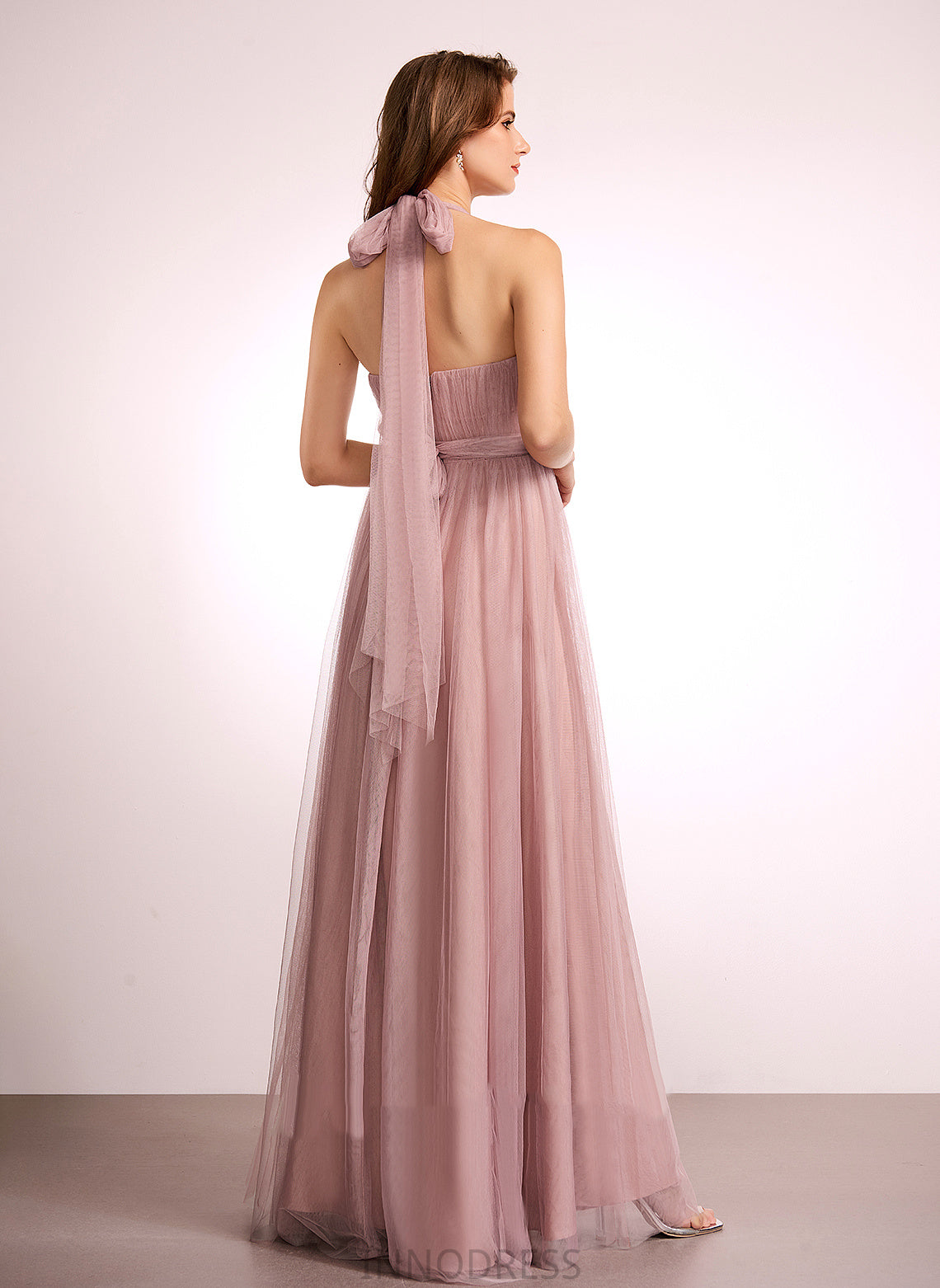 Fabric One-Shoulder Off-the-Shoulder Neckline A-Line Floor-Length Tulle Straps Silhouette V-neck Length Emmalee Bridesmaid Dresses