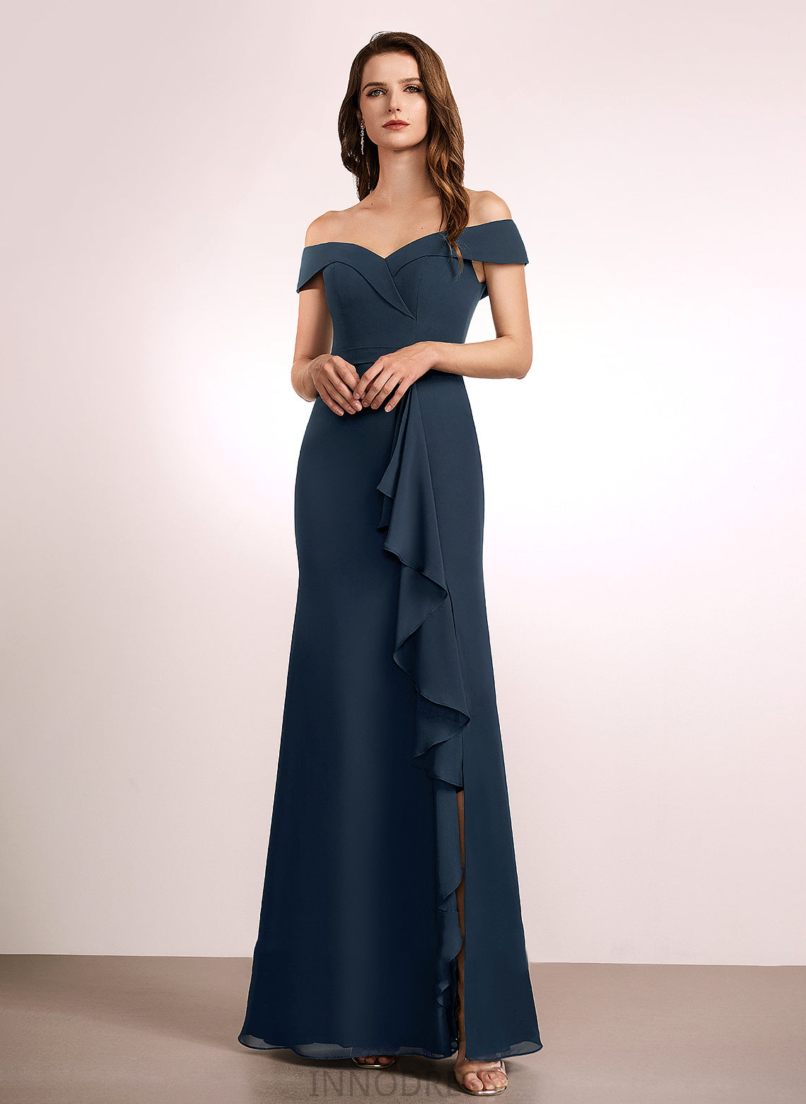 Floor-Length A-Line Silhouette Neckline Fabric Embellishment Length Ruffle Off-the-Shoulder Abril Sleeveless Floor Length Bridesmaid Dresses