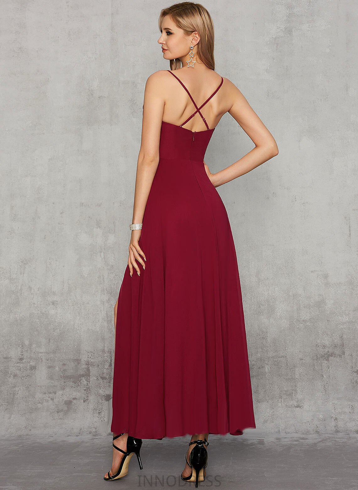 Nina Split A-Line Ankle-Length Prom Dresses V-neck Front With Chiffon