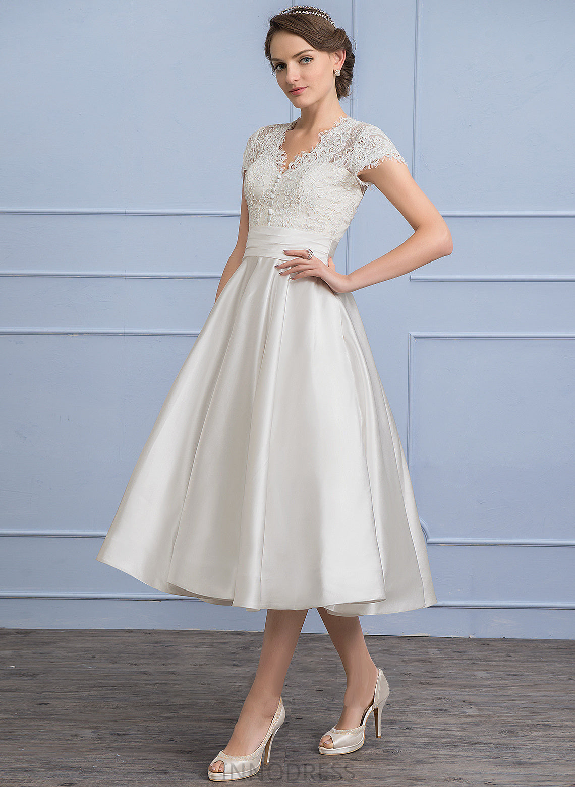 A-Line Wedding Dresses Dress V-neck Tea-Length Wedding Sage Ruffle Pockets With Satin