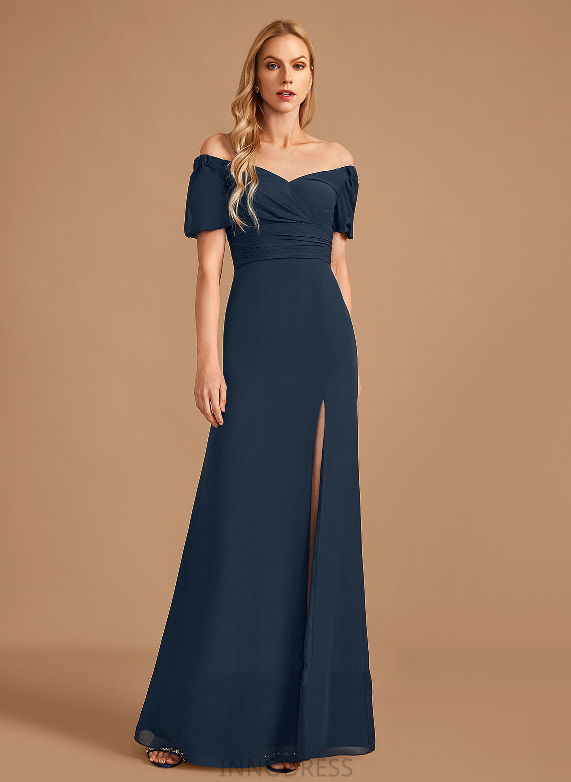 SplitFront V-neck Length Sheath/Column Neckline Fabric Floor-Length Embellishment Silhouette Tania Natural Waist V-Neck Bridesmaid Dresses