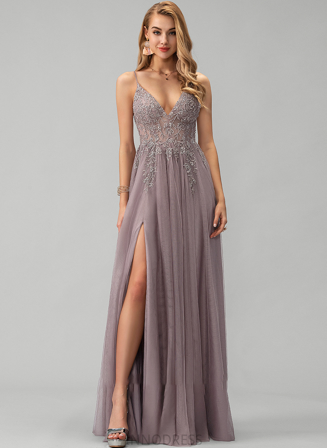 With Floor-Length Marilyn Split Prom Dresses Lace V-neck Ball-Gown/Princess Front Sequins Tulle Beading