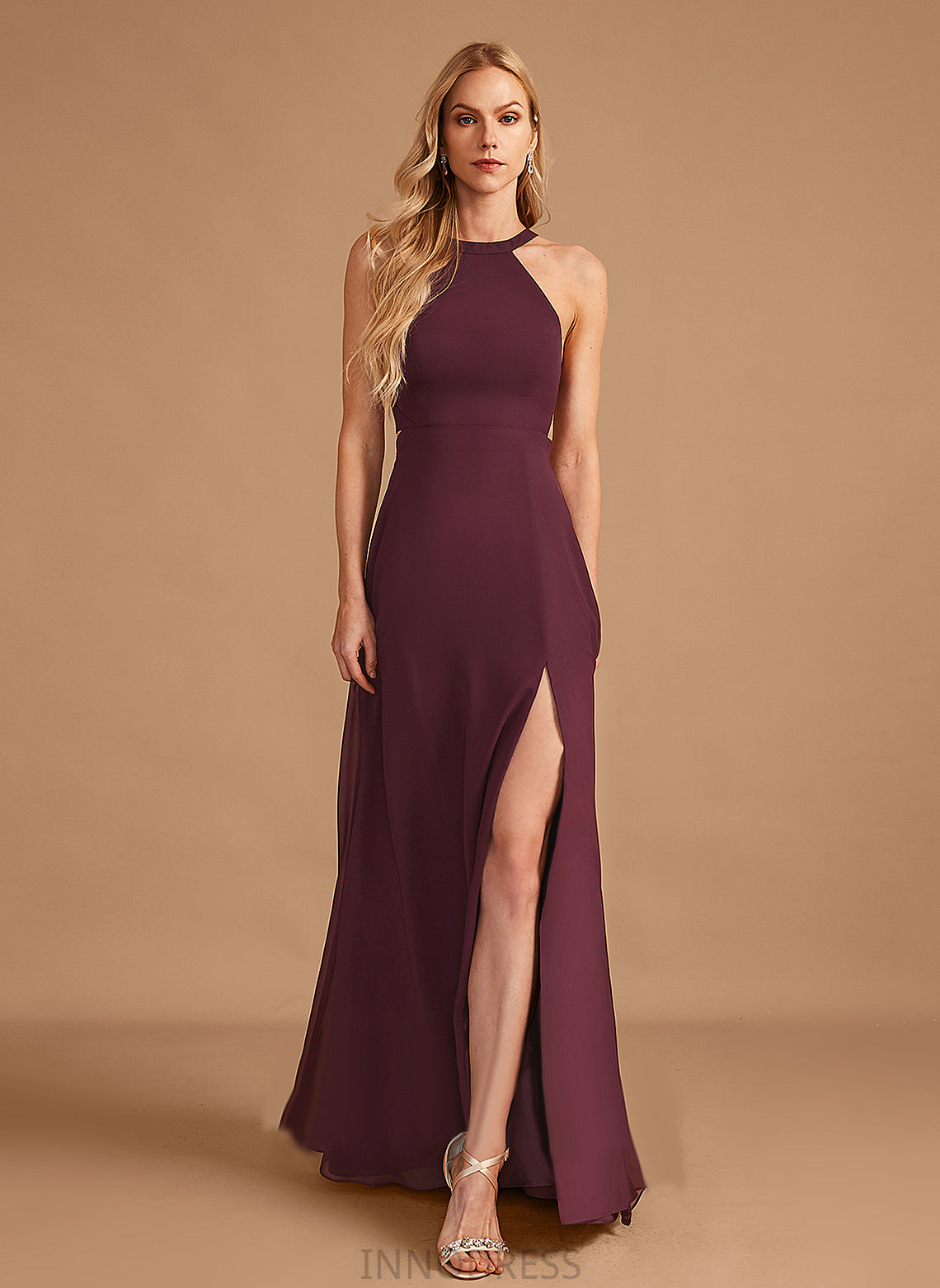 Neckline Floor-Length SplitFront Silhouette Length Embellishment Fabric HighNeck A-Line Laurel V-Neck Sleeveless Bridesmaid Dresses