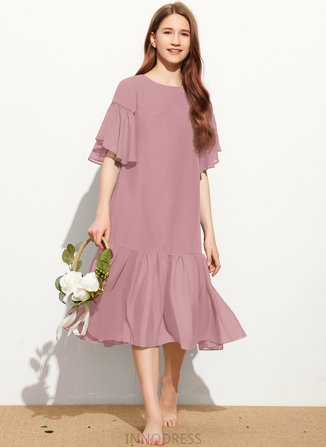 With Cascading A-Line Neck Knee-Length Kallie Scoop Chiffon Ruffles Junior Bridesmaid Dresses