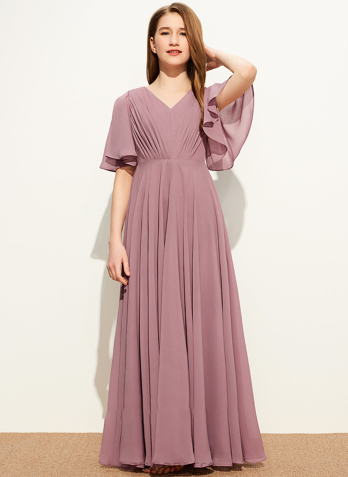 Floor-Length With Chiffon Dulce Ruffle A-Line Junior Bridesmaid Dresses V-neck