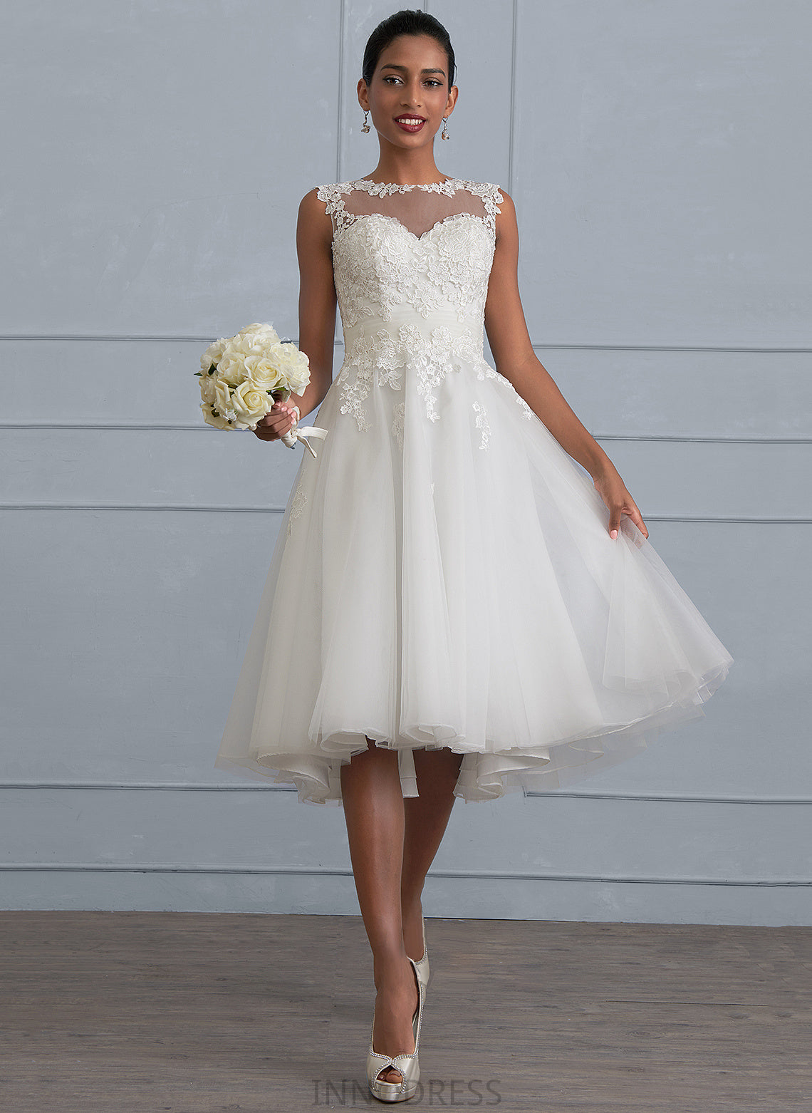 Wedding With A-Line Diamond Dress Illusion Tulle Wedding Dresses Asymmetrical Ruffle