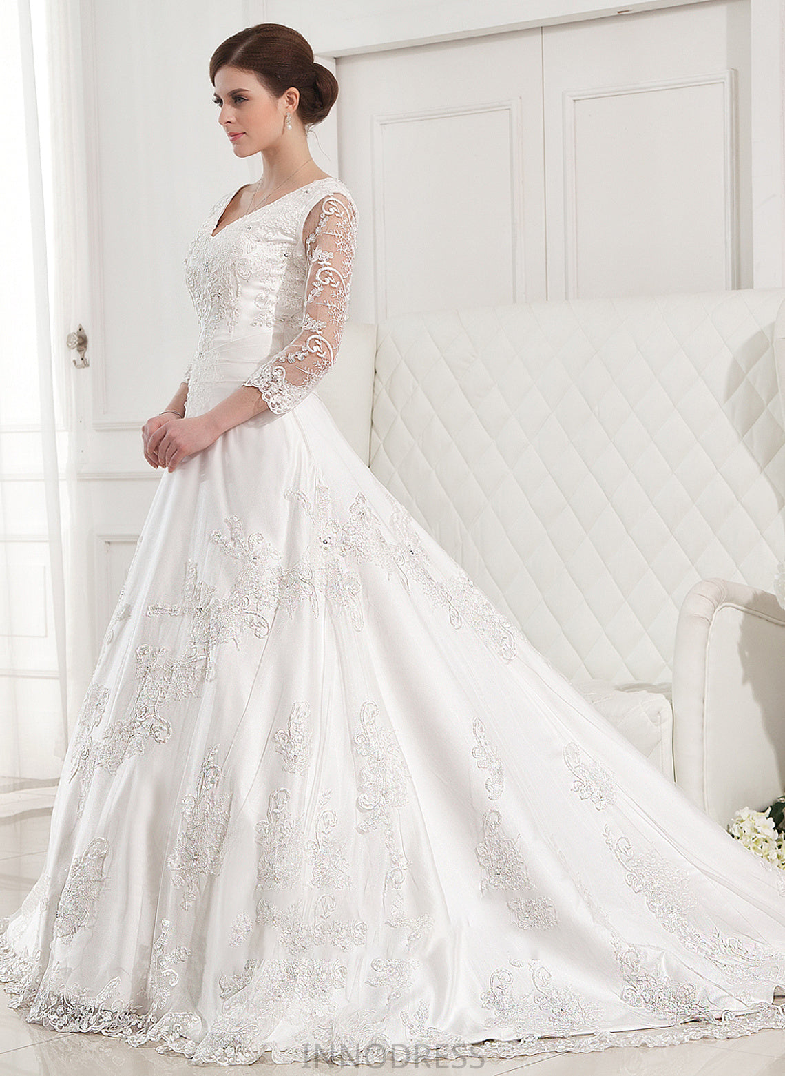 Wedding Dress Beading Wedding Dresses With Satin Rayna Lace V-neck Appliques Ball-Gown/Princess Train Chapel