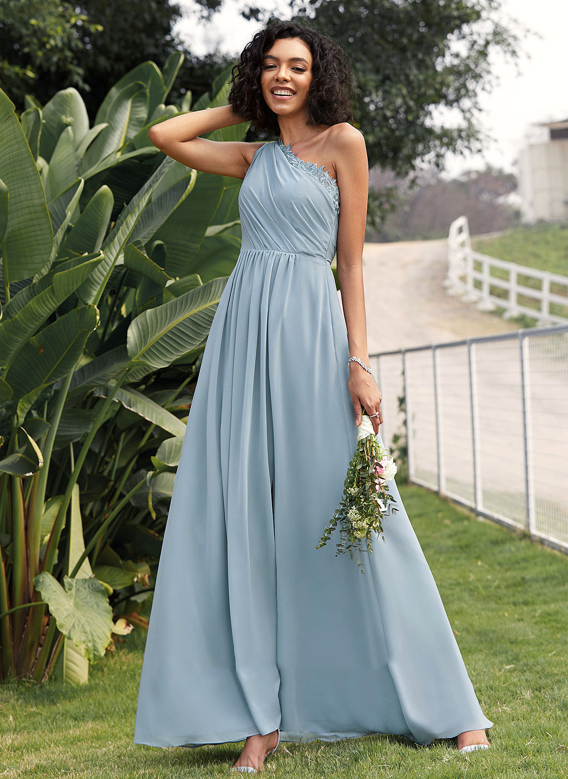 Neckline Floor-Length A-Line Lace Sequins One-Shoulder Fabric Silhouette Length Embellishment Jazmyn Cap Sleeves Bridesmaid Dresses