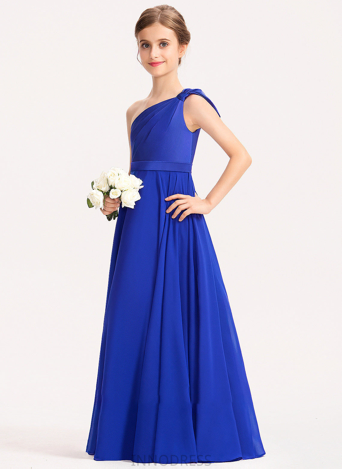 Chiffon Junior Bridesmaid Dresses With Phoebe Charmeuse A-Line Ruffle One-Shoulder Floor-Length