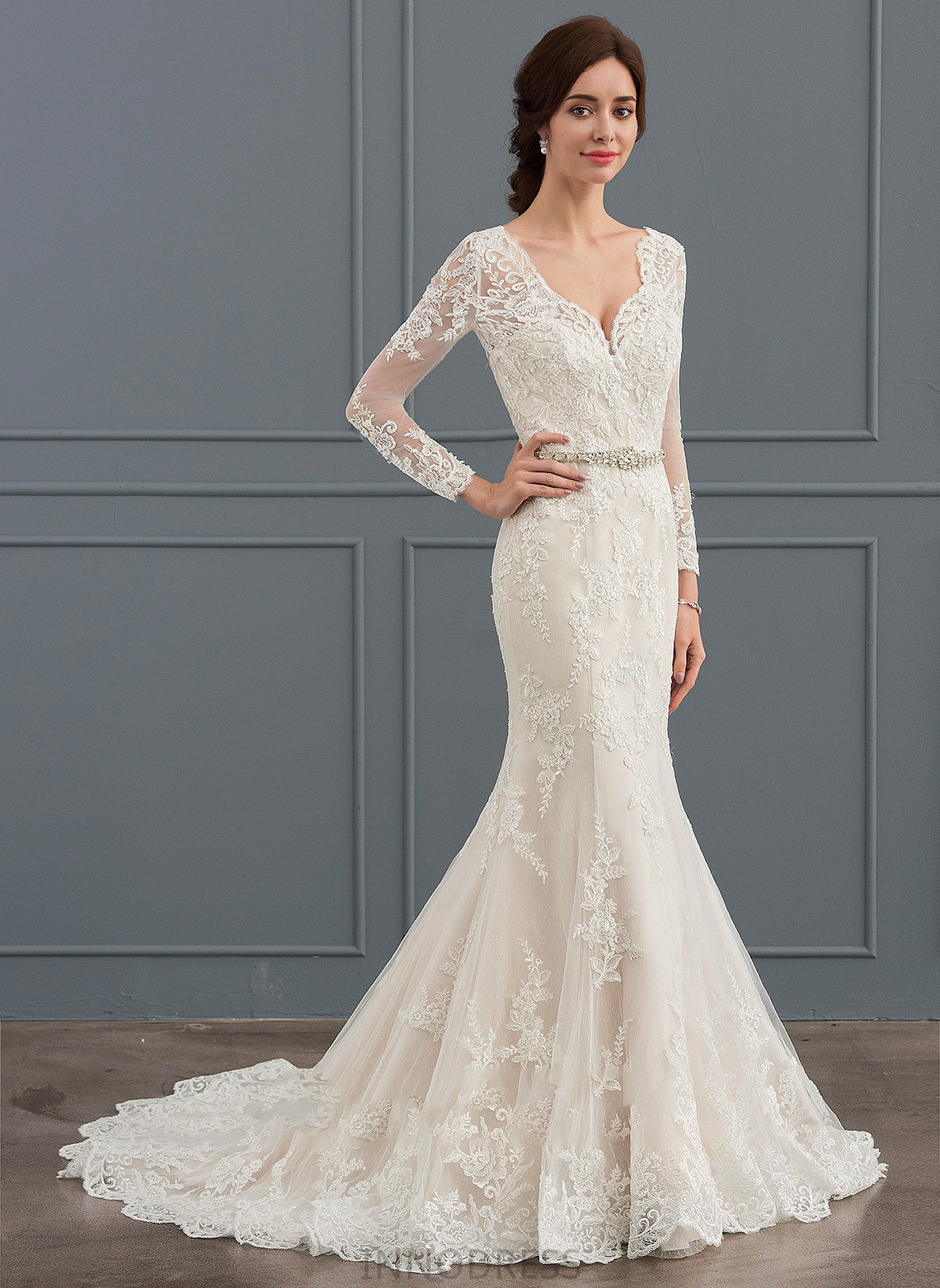 Wedding Dresses Gisselle Tulle With Trumpet/Mermaid Beading Court Train Wedding V-neck Dress