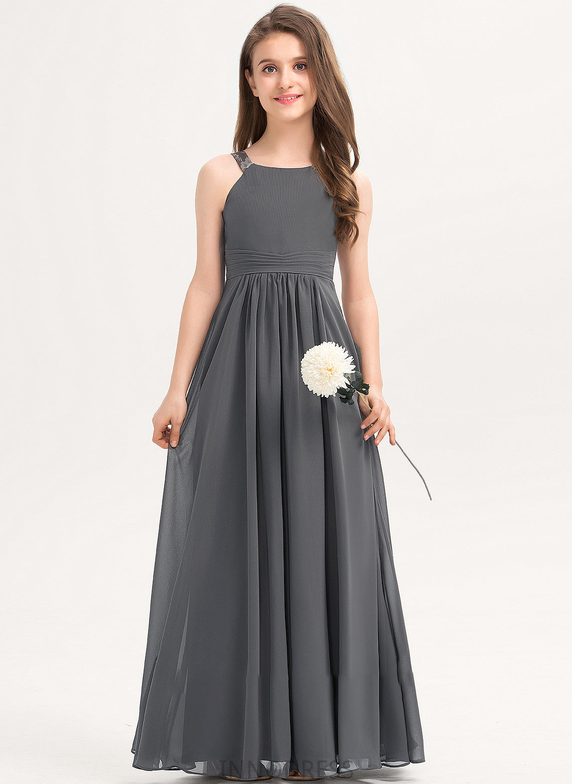 Junior Bridesmaid Dresses Makaila Chiffon Scoop With Neck Floor-Length Lace A-Line Ruffle