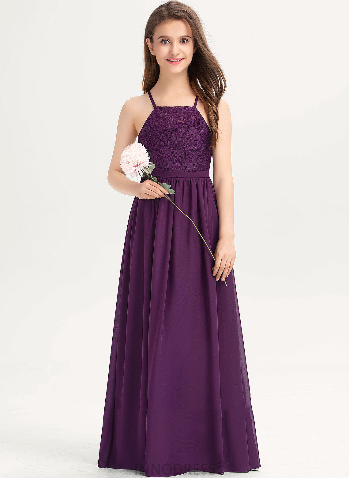 A-Line Chiffon Lace Raven With Floor-Length Square Junior Bridesmaid Dresses Neckline Bow(s)