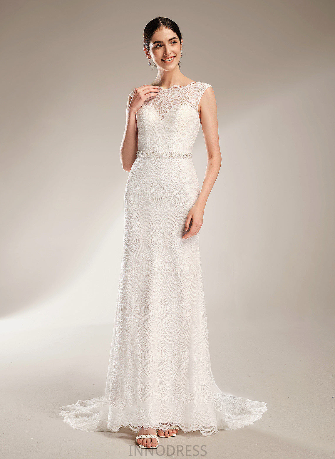 Court Train Neck Sheath/Column Sequins Dress Nola Wedding Dresses With Wedding Beading Lace Scoop