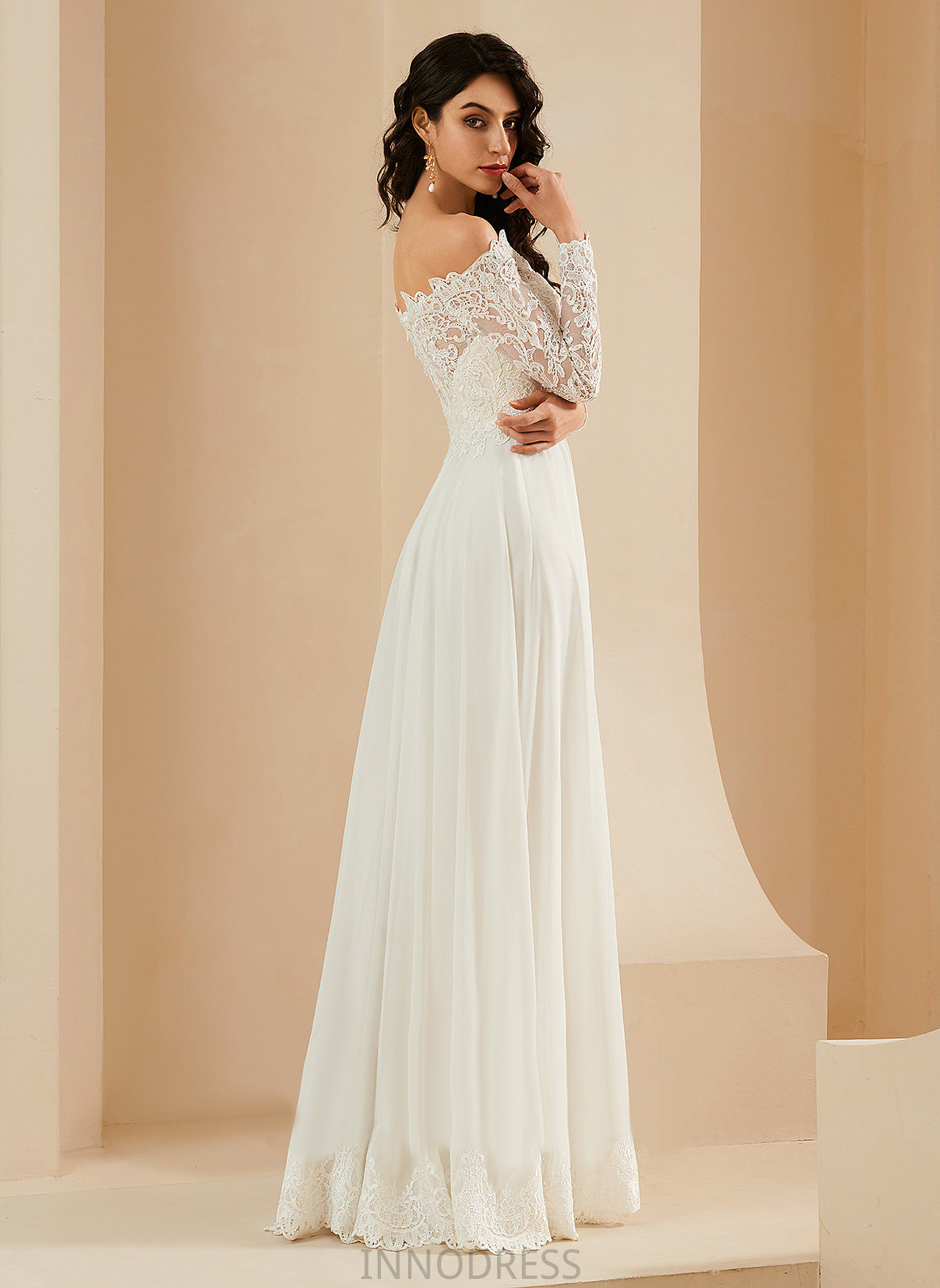 With Off-the-Shoulder Dress Lace Wedding Dresses Chiffon A-Line Millicent Train Wedding Sweep