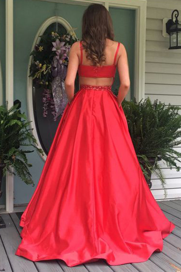 Red A Line Sweep Train Sleeveless Mid Back Beading Prom Dresses