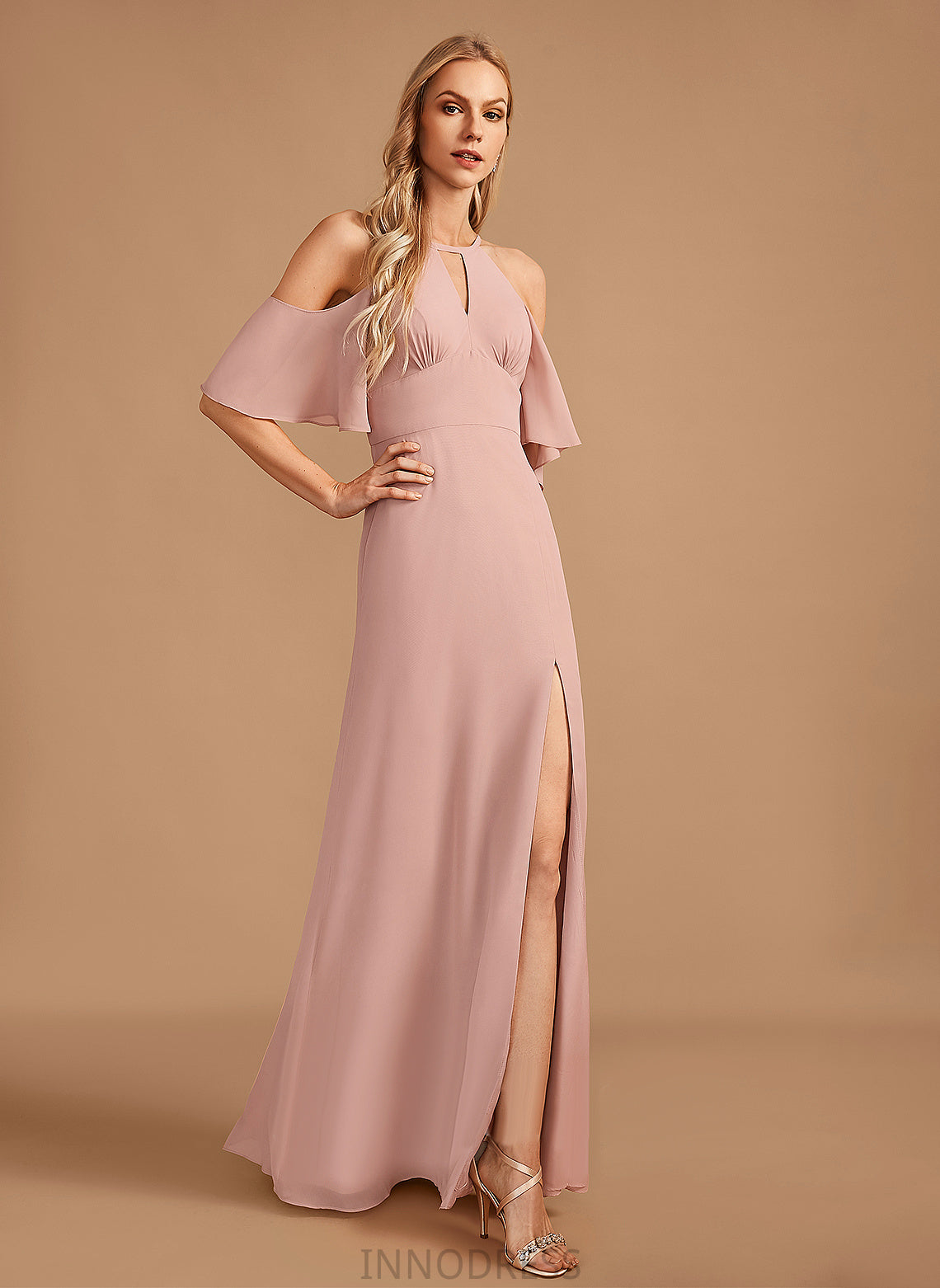 Floor-Length Embellishment SplitFront Sheath/Column Neckline Fabric Silhouette Length HighNeck Makayla A-Line/Princess Natural Waist Bridesmaid Dresses