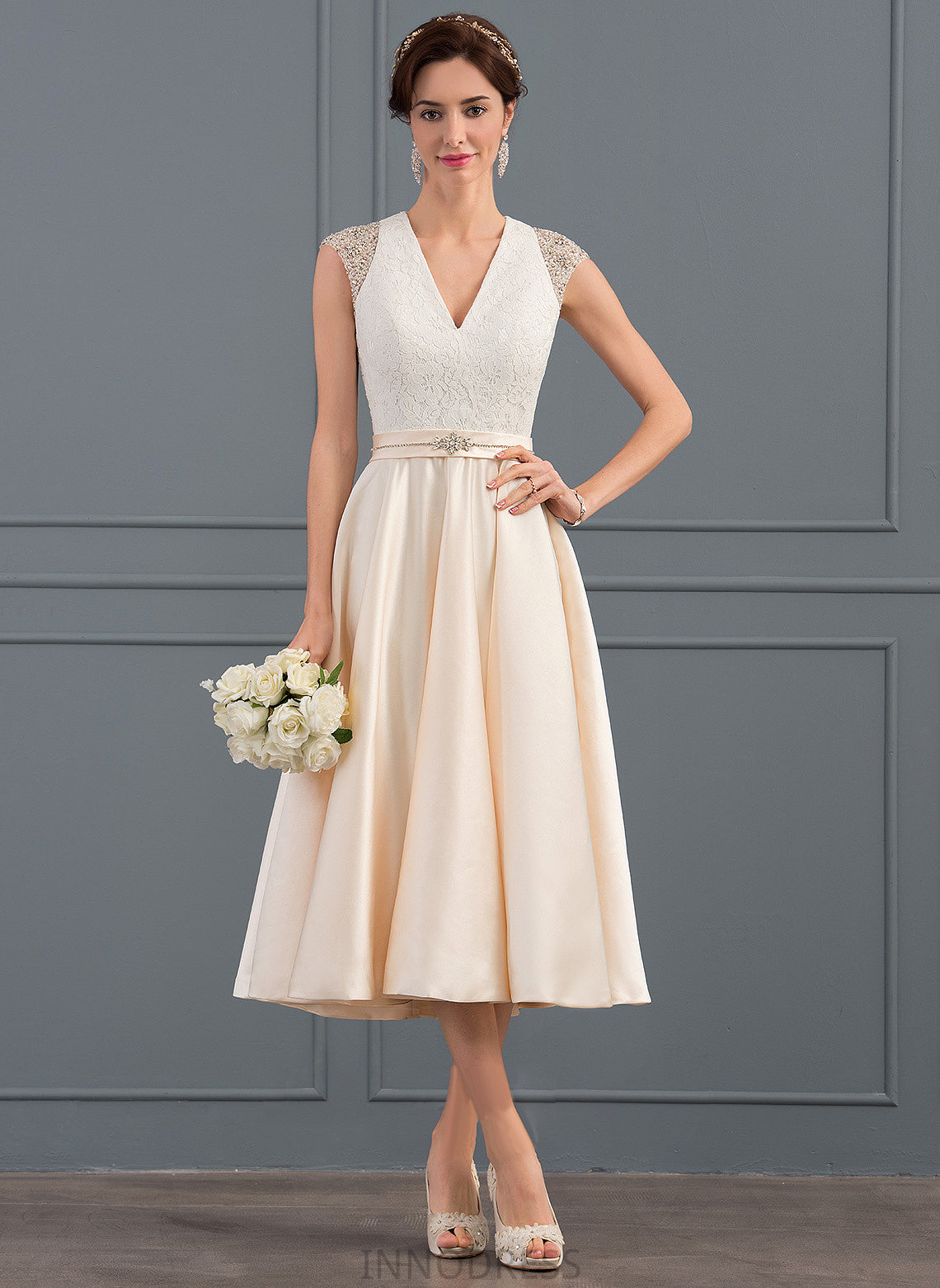 V-neck Lace Dress Satin Kaliyah Wedding Dresses A-Line Beading Sequins Tea-Length Wedding With