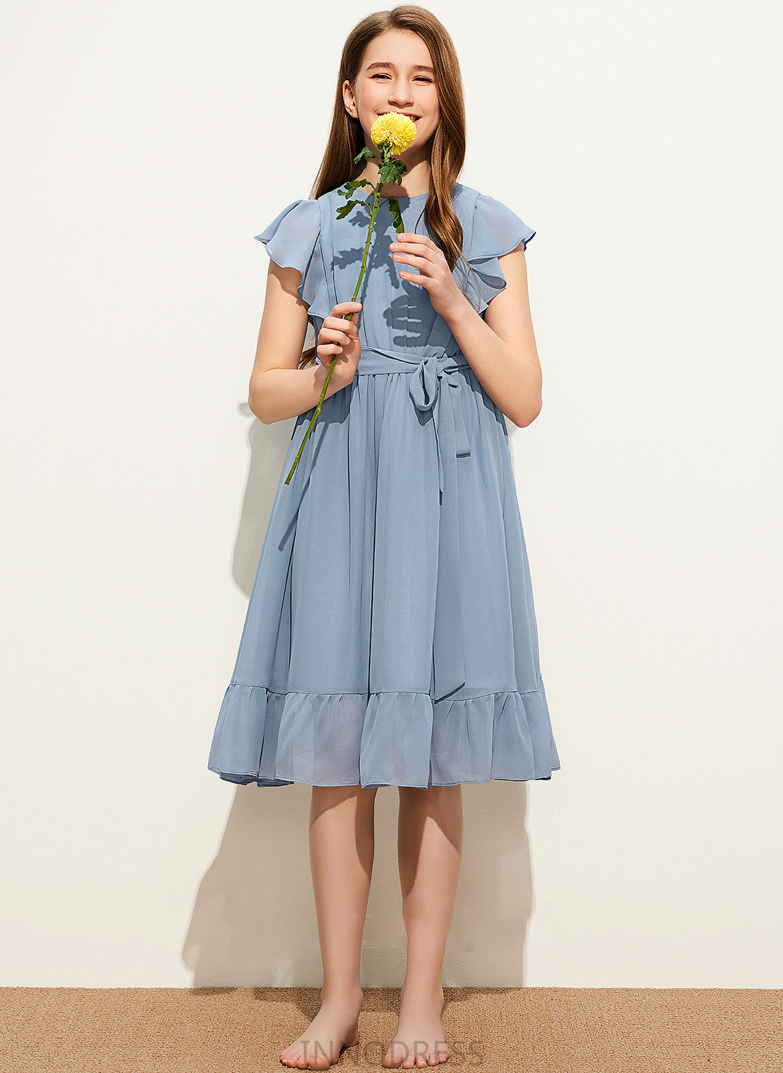 With Knee-Length Scoop Chiffon Cascading Bow(s) A-Line Yuliana Ruffles Neck Junior Bridesmaid Dresses