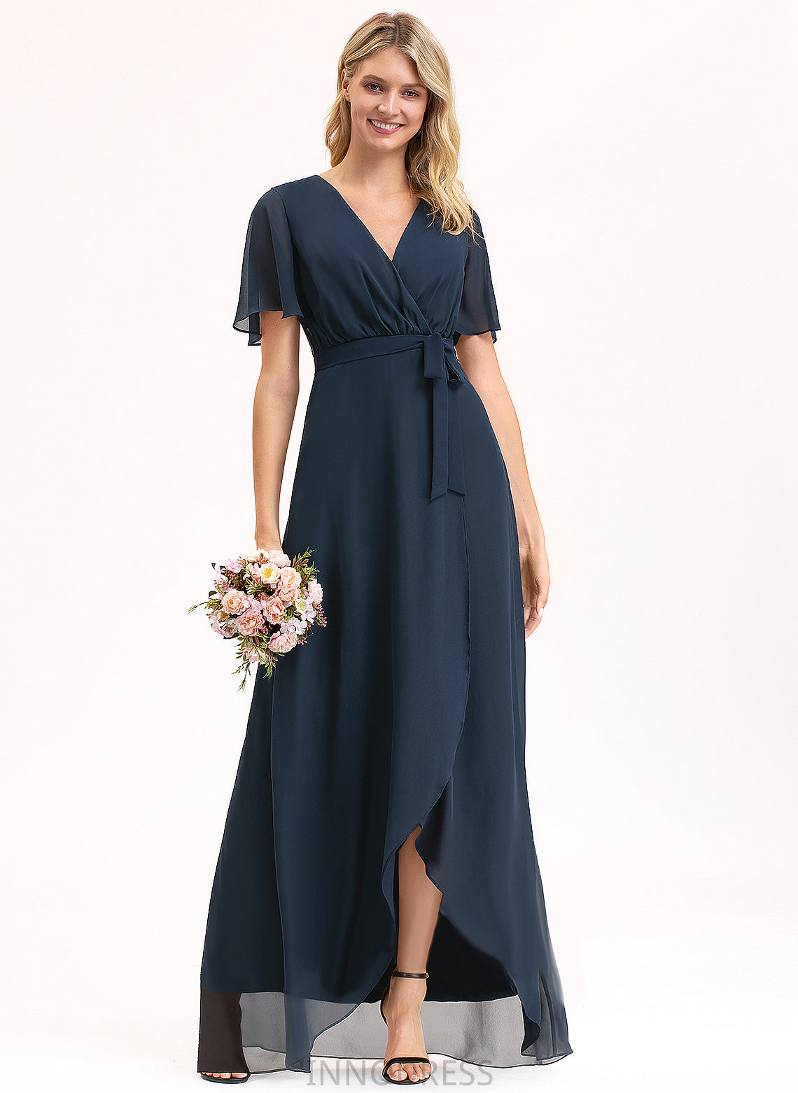 Length Asymmetrical Bow(s) Pleated V-neck A-Line Silhouette Embellishment Fabric Neckline Amiah Floor Length Bridesmaid Dresses